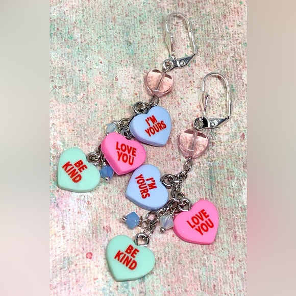 Valentine’s Day Conversation “Candy” Heart Love Charm Cluster Leverback Earrings - Picture 3 of 4